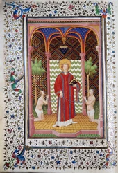 Representation av Saint Leonard (6:e århundradet), eremit av Limousin, släpper två fångar. Sida av manuskriptet "" Les Tres Riches Hours du Duke Francois de Guise"" upplyst av Mästaren av Boucicaut. 1400-talet. Musee Conde, Chantilly