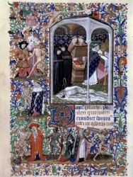 Scen med funebre ceremoni och makaber dans Miniatyr hämtad från "Book of Hours for the Use of Paris"" upplyst av Atelier du Maitre d Boucicaut, cirka 1415. Paris, B.N.
