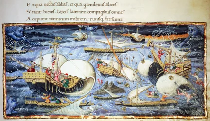 Segelskepp, illustration för Aeneid, episk dikt av Vergilius (70-19 f.Kr.), miniatyr tillskriven Apollonio di Giovanni (1415-1465)