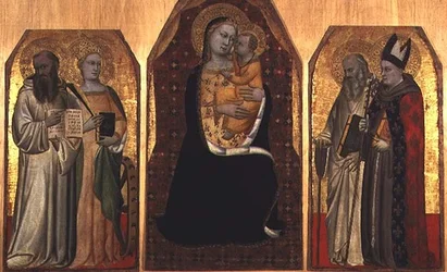 Triptyk: Madonna och barn flankerad av fyra helgon (tempera på panel)