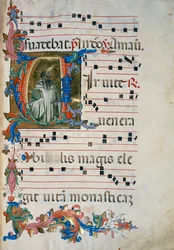 Upplyst initial med figuren San Romualdo (Corale 8, ca 76), för körbok 8 av Santa Maria degli Angeli