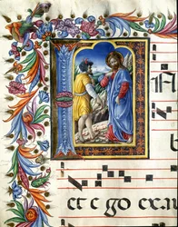 Decoree lettrine som skildrar Kristi frestelse Miniatyr av Liberale da Verona (1445-1529) från en kör (Cod. 20/5. c.45v) från katedralen i Siena. 1400-talets katedral (Duomo) i Siena, Italien