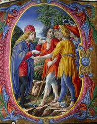 Dekorerad initial som återger liknelsen om de mordiska vinodlarna (Matteusevangeliet Mt 21, 33-43) (Liknelsen om vingårdsarrendatorerna). Miniatyr av Liberale da Verona (1445-1529) ur en körbok (Cod. 20/5. c.2.) från Sienas katedral. 1400-talet