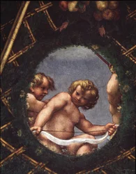 Änglar tittar ut genom ett fönster - Fresco