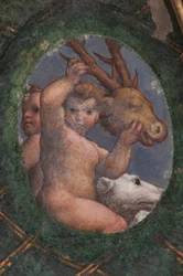 Putti, hund och rådjur, detalj