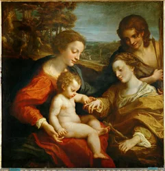 Den heliga Katarina av Alexandrias mystiska äktenskap med Jesusbarnet och den helige Sebastian ...
