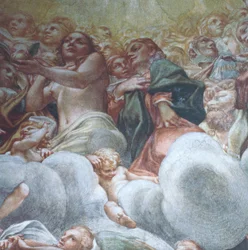 Evas figur, detalj från Jungfruns antagande i himlen, av Antonio Allegri Da Correggio (1489-1534), fresk, Dome of Parma Cathedral, Italien