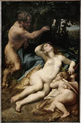 Jupiter och Antiope (eller Venus med amor och en satyr) (olja på duk