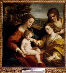 Det mystiska äktenskapet mellan Saint Catherine av Alexandria med Saint Sebastian Målning av Antonio Allegri (dit Correggio eller Le Correge 1489-1534) 1500-talets sön. 1,05x1,02 m Paris, Louvren.