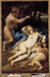 Venus, Satyr och Amor Målning av Antonio Allegri (hans Correggio eller Le Correge 1489-1534) 1525 Sön. 1,88x1,25 m