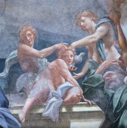 Ungdomar på balkongen, av Antonio Allegri Da Correggio (1489-1534) Detalj av fresker i kupolen i Parma-katedralen, Italien