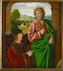 Pierre II, sire de Beaujeu, hertig av Bourbon, presenterad av Saint Peter ...