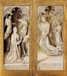 Bebådelse i grisaille (monokromatisk grå), yttre vingar av triptyk altartavla (ca 1489-1502) av Mästaren av Moulins, i katedralen Notre-Dame, Moulins, Frankrike.