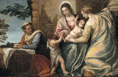 Madonna och barn med St. Elizabeth, spädbarnet St. John the Baptist och St. Justina, 1565-70