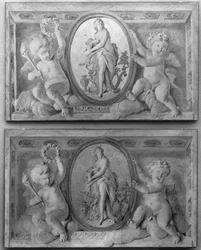 Ett par överdörrar med Diana eller en nymf i en oval medaljong med stöd av amorini, 1770-90.