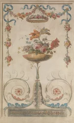 Vas med blommor vilande på bladrullar, 1770-90.