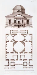 Plan och höjd av Chiswick House, tryck gjord av Herisset, c.1720-talet
