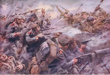 Nederlaget för det preussiska gardet vid Zonnebeke, från History of the Great War Vol 3 publicerad av Waverley Book Co Limited, ca 1920