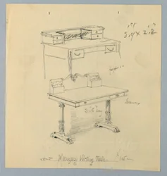 Design och skiss för "Mahogny Writing Table"