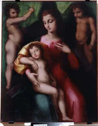 ""Jungfrun avgudar det sovande Kristusbarnet med två änglar"" (Jungfrun avgudar det sovande Kristusbarnet med två änglar) Målning av Andrea Piccinelli känd som Brescianino (1485- efter 1525) 1510 ungefär Ivan Kramskoy Museum of Fine Arts (eller Kramskoi) )