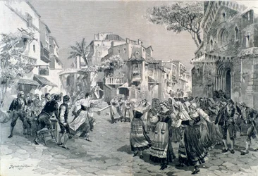 Slutscenen av Cavalleria rusticana, opera av Mascagni, på teatro alla scala 1891