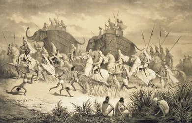 Kavalkad av sikhiska hövdingar på elefanter, från "Voyage in India", graverad av puben Louis Henri de Rudder (1807-81). i London