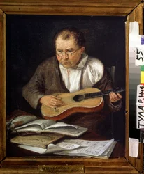 Gitarrspelare (Guitar Player). Målning av A. Artsybashev (1800-talet). Olja på duk, 30,5 x 26 cm