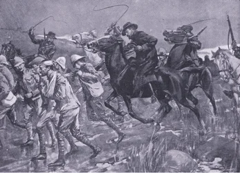 De Wets behandling av brittiska krigsfångar på marschen, illustration från After Pretoria: The Guerilla War, 1902