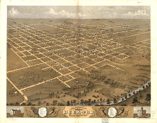 Fågelperspektiv över staden Decatur, Macon Co, Illinois 1869. LOC 73693354