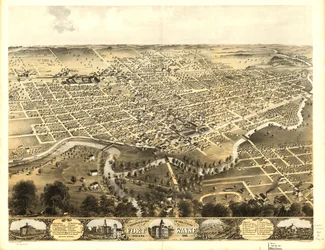 Fågelperspektiv över staden Fort Wayne, Indiana 1868. LOC 73693381