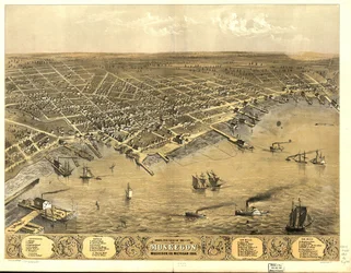 Fågelperspektiv över staden Muskegon, Muskegon Co., Michigan 1868.