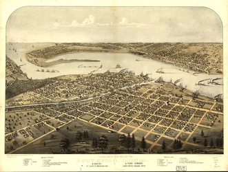 Fågelperspektiv över staden Port Huron, Sarnia  Gratiot, St Clair Co, Michigan 1867  Point Edwards, Lambton Co, Kanada västerut. LOC 73693443