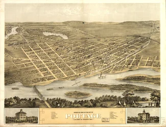 Fågelperspektiv över staden Portage, Columbia Co, Wisconsin 1868. LOC 73694548