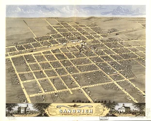 Fågelperspektiv över staden Sandwich, De Kalb County, Illinois 1869. LOC 73693372