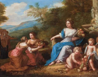 Ceres sittande med putti som presenterar frukt. (olja på duk)