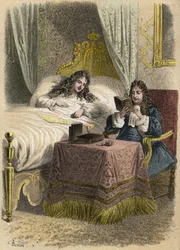 Ludvig XIV, kung av Frankrike, tyckte om att höra Jean Racine läsa och tog in honom när han var sjuk. Gravyr av A. Duruy i "" litterära illustrationer av Frankrike; guld, anekdotisk galleri av våra huvudförfattare som är intresserade av deras handlingar oc