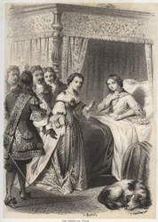 Madame Deshoulieres, Antoinette Ligier de La garde (1637-1694) överväldigad av frågor från sitt följe efter en natt tillbringad med rädsla för spöket. Gravyr av A. Duruy i "" Illustrations litteraires de la France; eller, Galerie anecdotique de nos pr