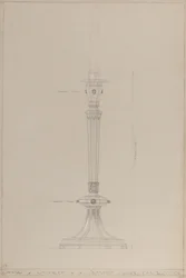 Chapel of Chivalry: föreslagen silverljusstake (penna, bläck, pensel, wc & silverfärg på grått kort)