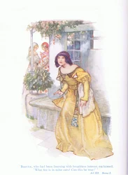 Beatrice, som hade lyssnat med andlöst intresse utbrast "Vad är det för eld i mina öron kan detta vara sant?" (Much Ado About Nothing), från Tales from Shakespeare pub. av Ward Lock & Co Ltd