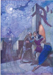 "Blossande från dem, Hamlet följde vart än anden ledde", från Tales from Shakespeare pub. av Ward Lock & Co Ltd, 1930-40-talet