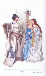 Frederick med ilska blickar beordrade Rosalind att lämna palatset (As You Like It), från Tales from Shakespeare pub. av Ward Lock & Co Ltd