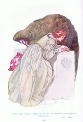 Julia började pussla ihop så bra hon kunde de sönderrivna fragmenten av brevet (Two Gentlemen of Verona), från Tales from Shakespeare pub. av Ward Lock & Co Ltd