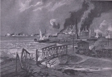 Förstörelse av ett varv i Bari (Italien) av österrikisk-ungerska torpedjagare, från puben The Illustrated History of the World War 1914-1915. av Union Berlagsefellfchaft