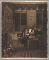 Teckning, interiör med en man som läser vid sitt skrivbord, 1827