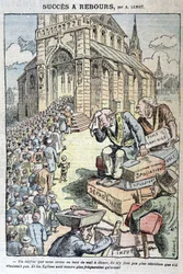 Nedräkningsframgång: skolor utan gud, rån, vräkningar, separation... "Och kyrkorna är ännu mer trånga än tidigare!" - Tecknad film mot antiklerikalism av Lemot, i "" Le Pelerin"" av 1909-04-11