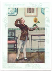 Det viktorianska hälsningskortet för blomsterskådaren av en estetik som avgudar en solros i ectasy, ca 1881 (färg litho)