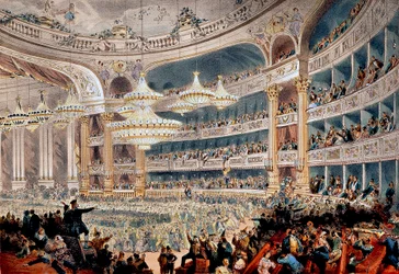 Bal på operan på Rue Le Peletier i Paris omkring 1850 - Gravyr av A. Provost