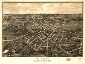 Fågelperspektiv över staden Battle Creek, Calhoun Co, Mich. LOC 73693422