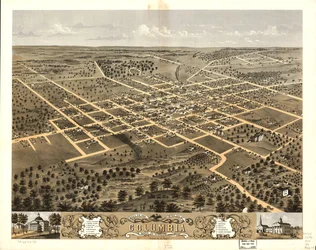 Fågelperspektiv över staden Columbia, Boone Co, Missouri 1869. LOC 73693473