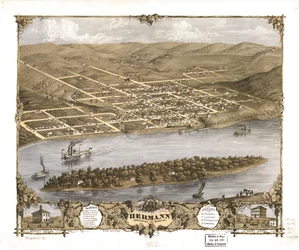 Fågelperspektiv över staden Hermann, Gasconade Co, Missouri 1869. LOC 73693476